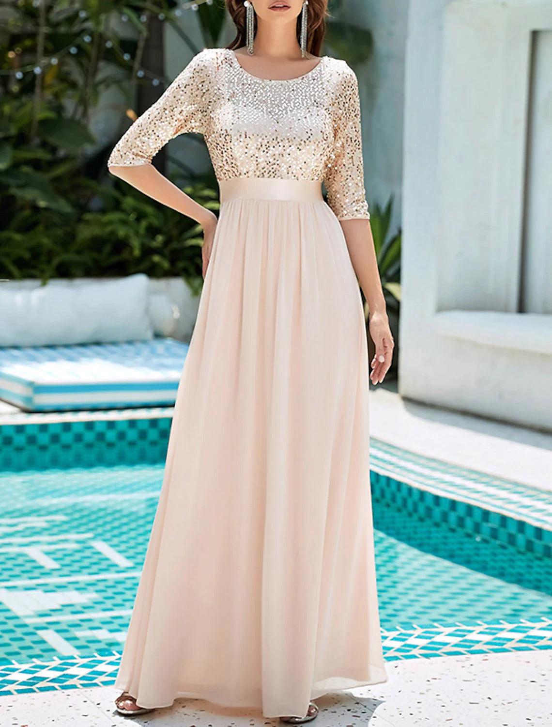 Wholesale A-Line Mother of the Bride Dress Wedding Guest Plus Size Elegant Jewel Neck Floor Length Tulle Sequined 3/4 Length Sleeve with Sequin Fall