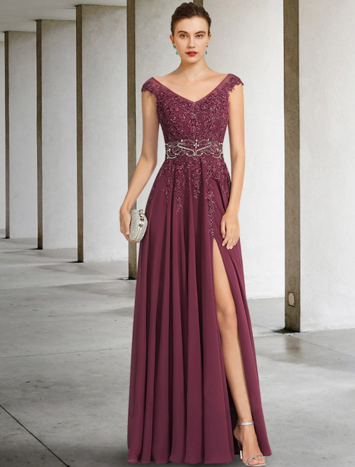 Wholesale  A-Line Mother of the Bride Dress Luxurious Elegant V Neck Floor Length Chiffon Lace Sleeveless with Sash / Ribbon Beading Split Front