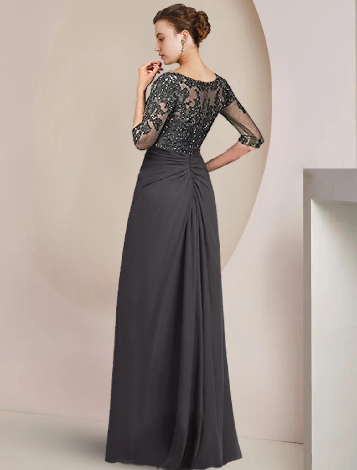 Wholesale  Sheath / Column Mother of the Bride Dress Formal Wedding Guest Elegant Square Neck Floor Length Chiffon Lace 3/4 Length Sleeve with Sequin Appliques Ruching