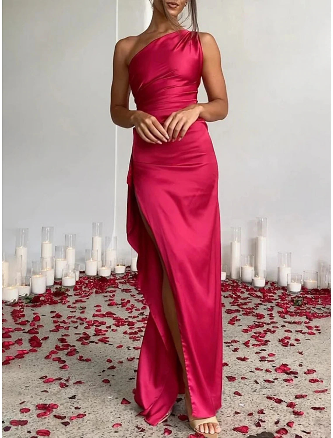 Wholesale A-Line Party Dresses Elegant Dress Formal Floor Length Sleeveless One Shoulder Satin with Ruched Slit