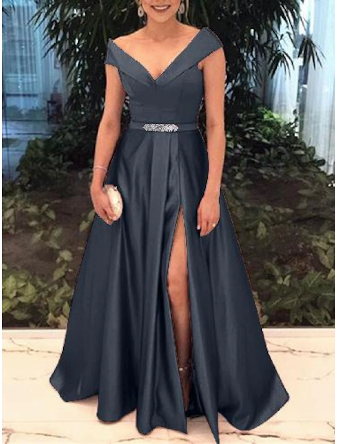 Wholesale  A-Line Elegant Prom Formal Evening Valentine's Day Dress Off Shoulder Short Sleeve Sweep / Brush Train Satin with Split Front