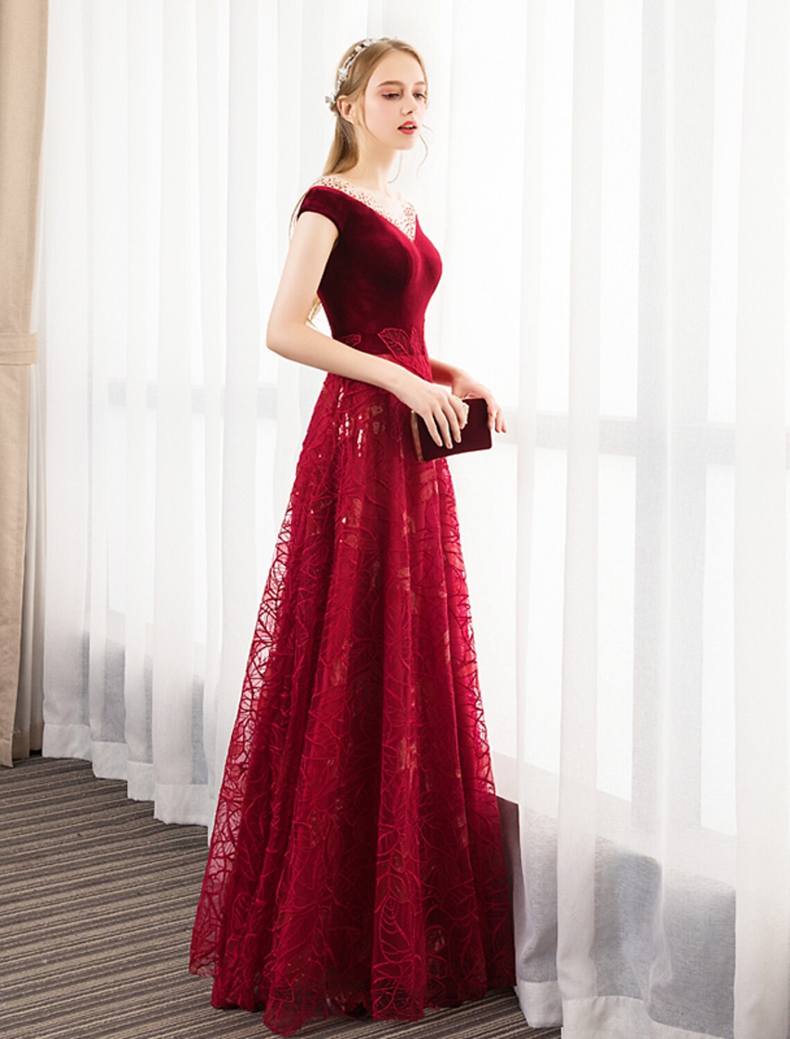 Wholesale  A-Line Prom Dresses Glittering Dress Engagement Prom Floor Length Short Sleeve Jewel Neck Tulle with Pleats Crystals Pattern / Print