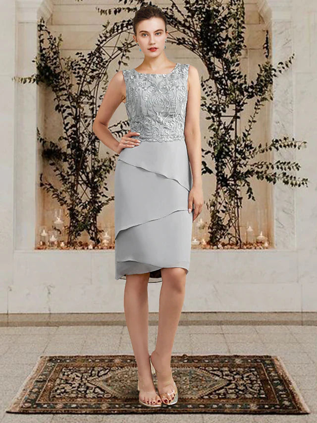Wholesale Two Piece Sheath / Column Mother of the Bride Dress Church Elegant Square Neck Jewel Neck Knee Length Chiffon Lace Sleeveless Wrap Included with Ruffles Appliques