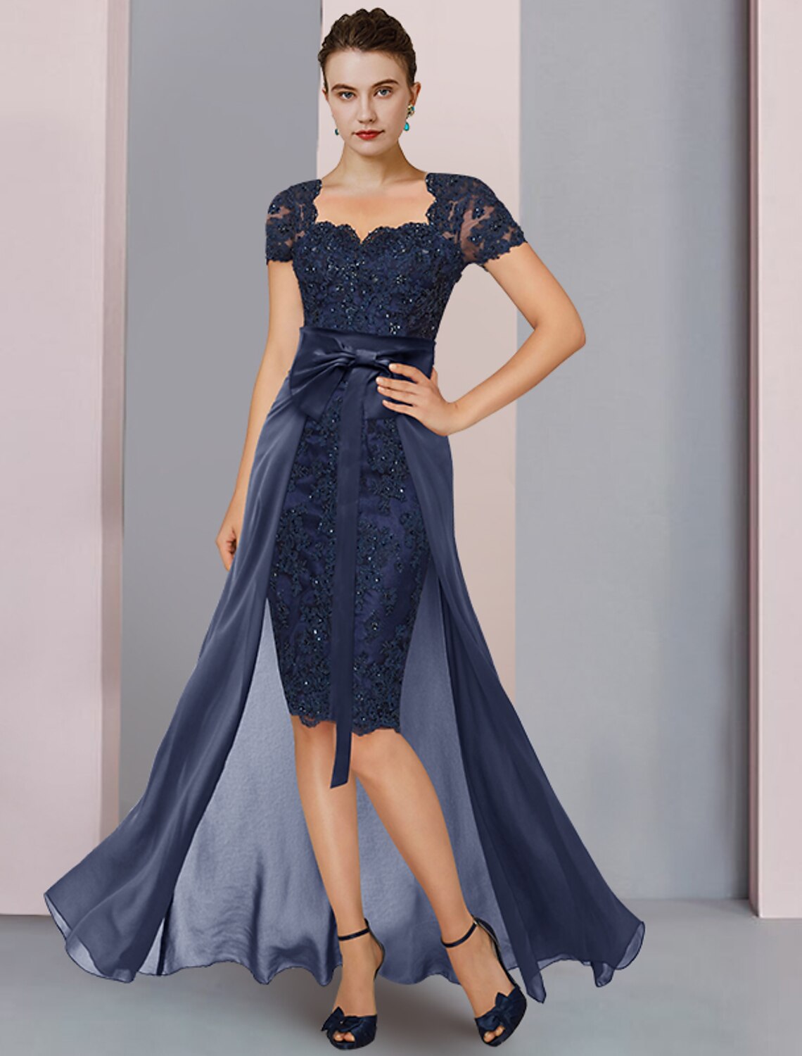 Wholesale  Two Piece Sheath / Column Mother of the Bride Dress Formal Wedding Guest Elegant Square Neck Knee Length Chiffon Lace Short Sleeve with Bow(s) Beading