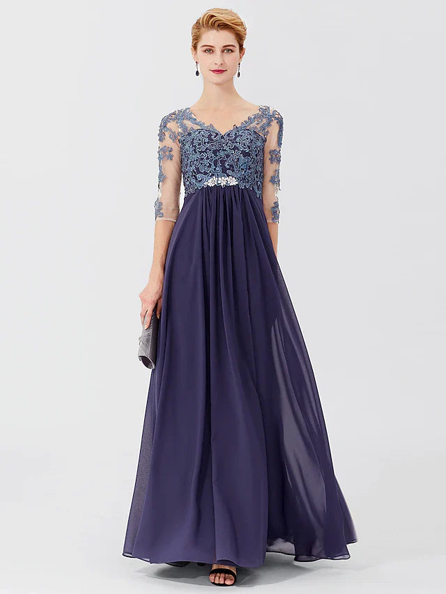 Wholesale Ball Gown A-Line Mother of the Bride Dress Formal Plus Size Elegant V Neck Floor Length Chiffon Sheer Lace 3/4 Length Sleeve with Crystals Appliques