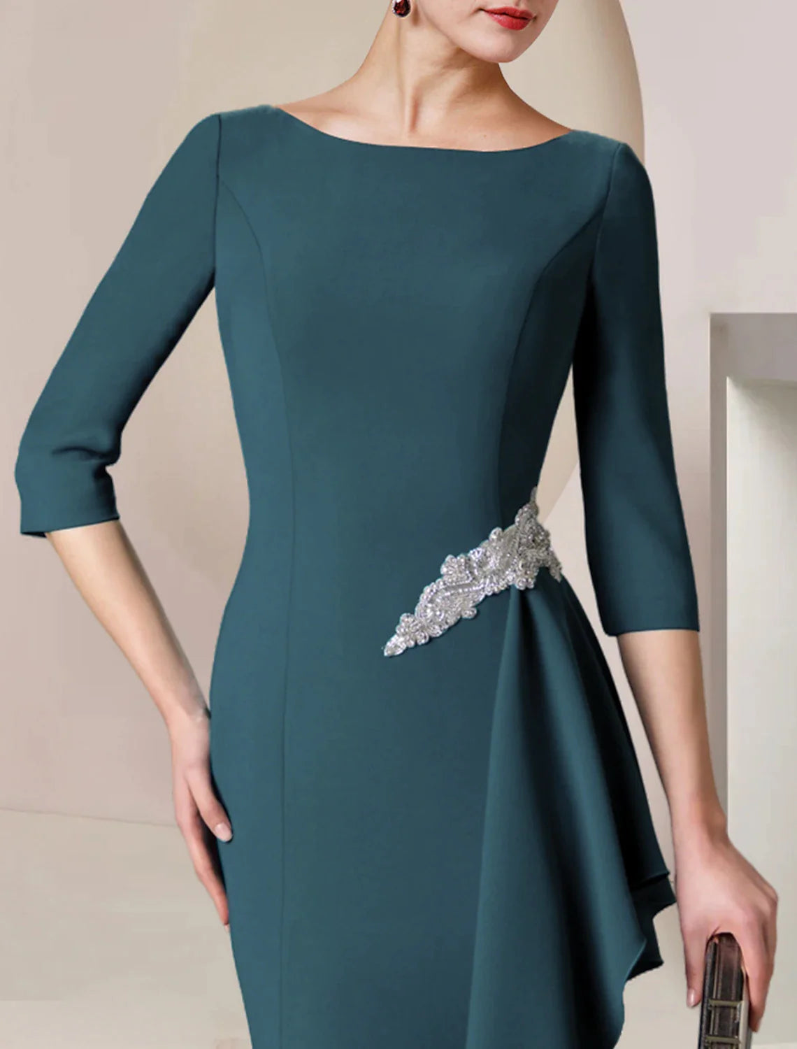 Wholesale Sheath / Column Mother of the Bride Dress Wedding Guest Party Elegant Scoop Neck Floor Length Stretch Fabric 3/4 Length Sleeve with Crystal Brooch Ruching