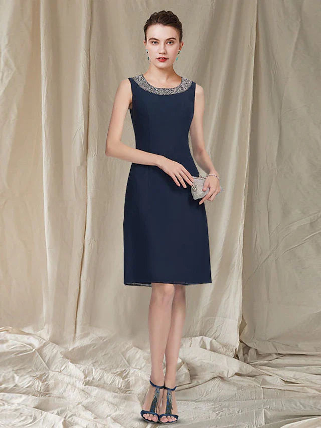 Wholesale Two Piece Sheath / Column Mother of the Bride Dress Elegant Jewel Neck Knee Length Chiffon Sleeveless Jacket Dresses with Beading Sequin