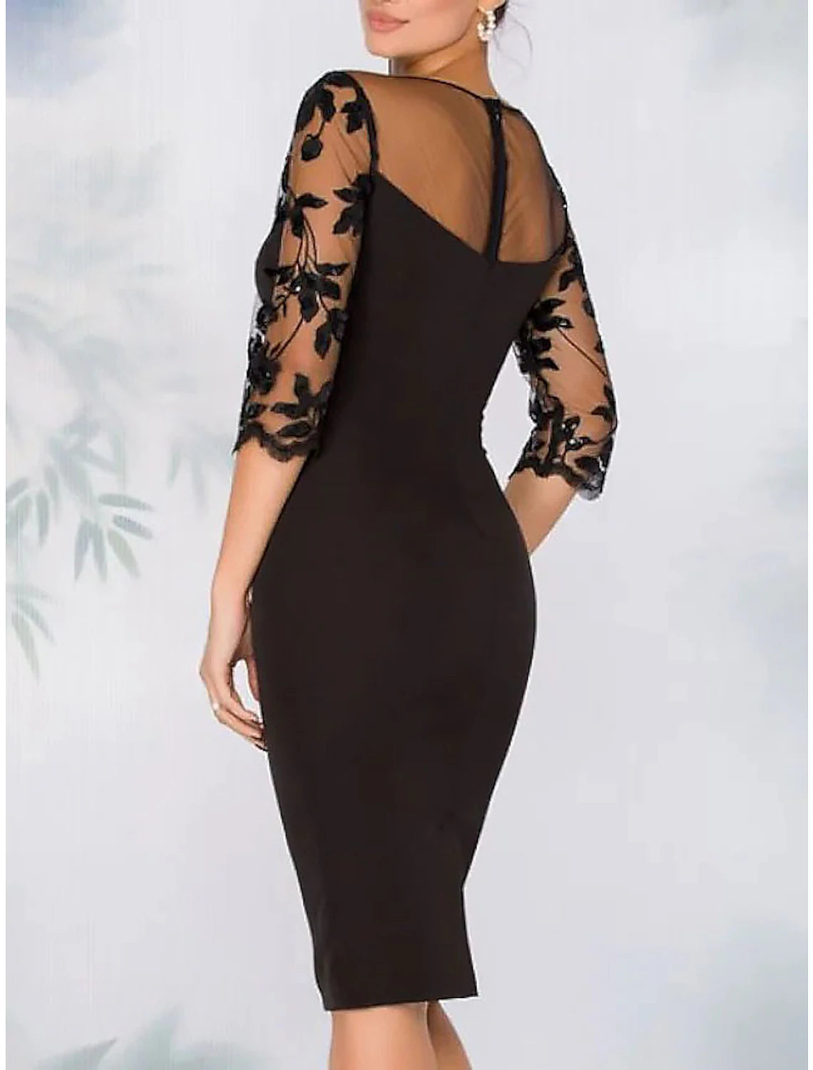 Wholesale Sheath Cocktail Elegant Dress Fall Wedding Guest Dress Long Sleeve Black Dress Plus Size Midi Dress Floral Embroidery Illusion Neck With Beading Lace