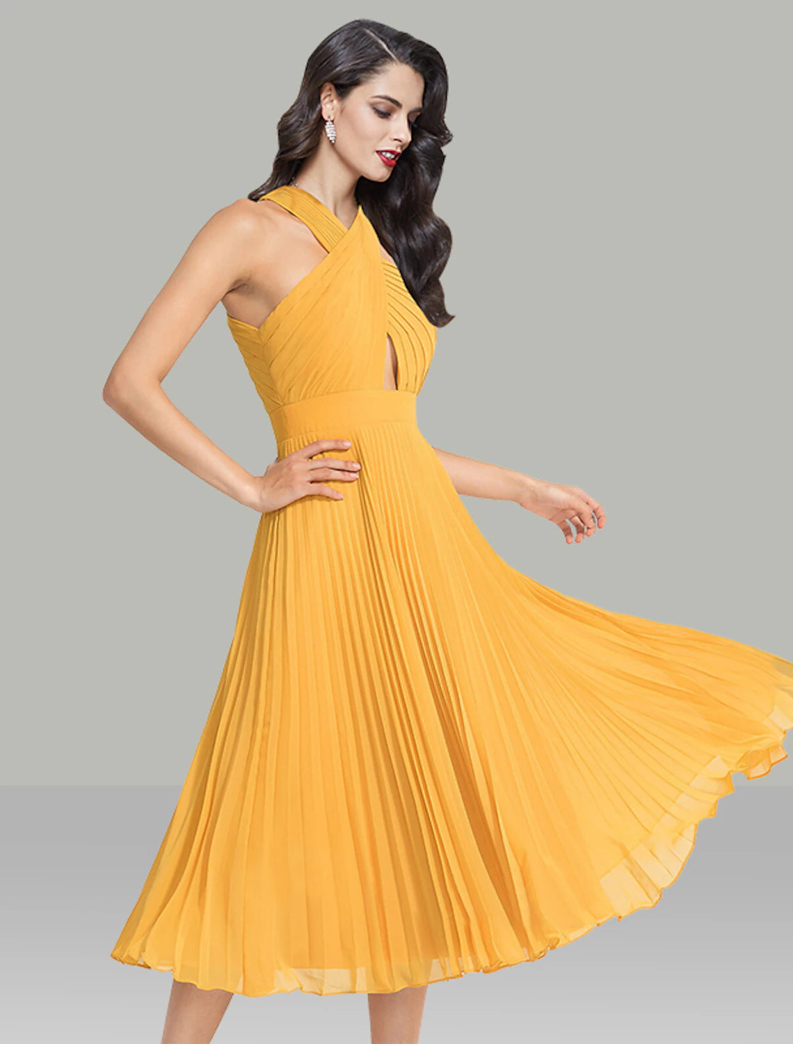 Wholesale A-Line Wedding Guest Dresses Elegant Dress Cocktail Party Tea Length Sleeveless Halter Chiffon with Ruched