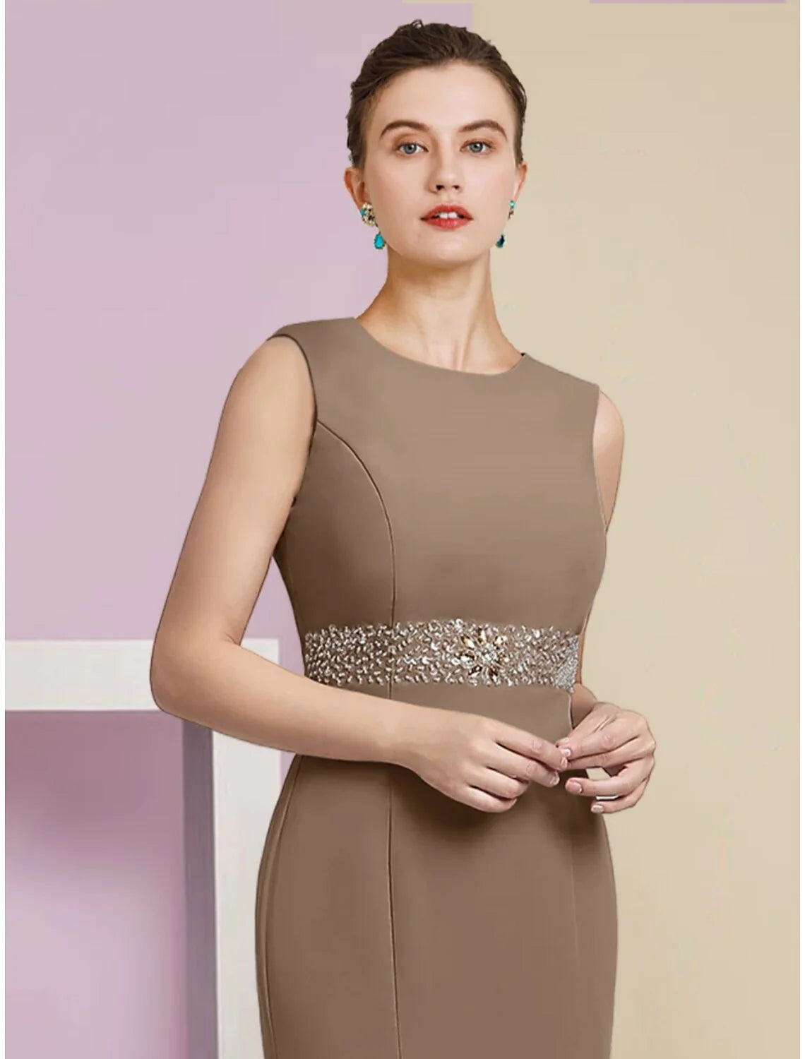 Wholesale Mermaid / Trumpet Mother of the Bride Dress Wedding Guest Elegant Scoop Neck Tea Length Chiffon Long Sleeve with Crystals Ruching