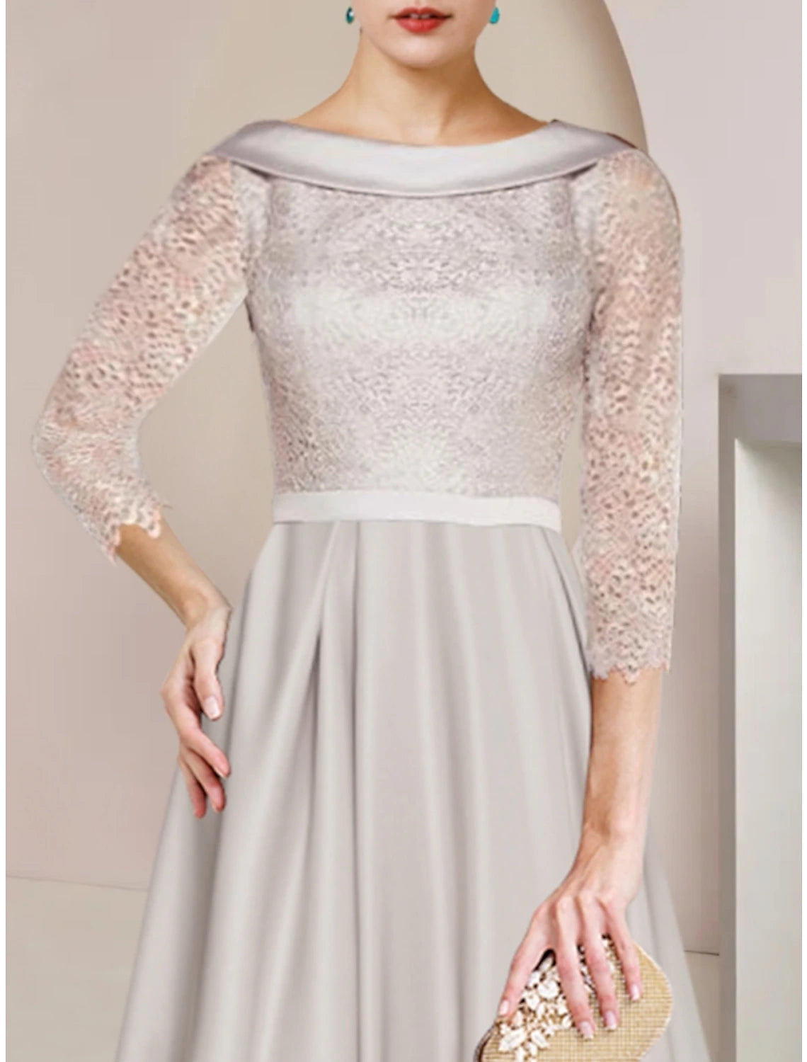 Wholesale  Sheath / Column Mother of the Bride Dress Wedding Guest Minimalist Elegant Scoop Neck Tea Length Satin Lace Half Sleeve with Ruching