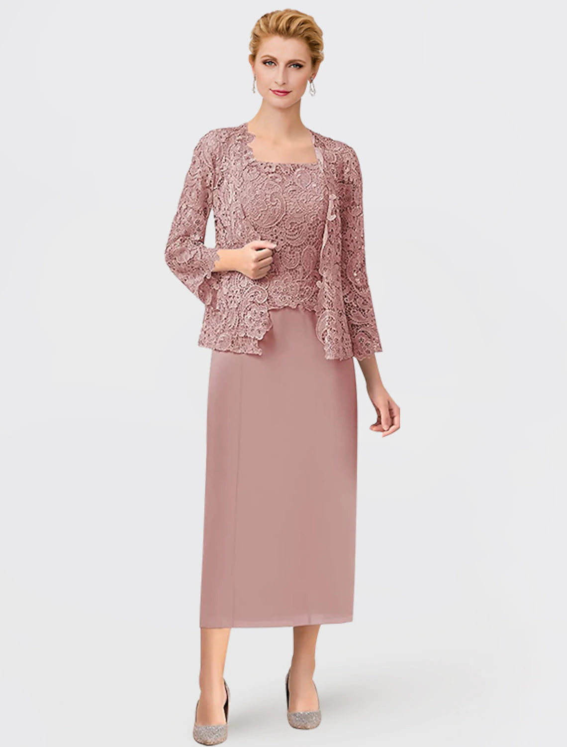 Wholesale  Two Piece Mother of the Bride Dress Formal Wedding Guest Elegant Square Neck Ankle Length Chiffon Lace Sleeveless Wrap Included with Appliques