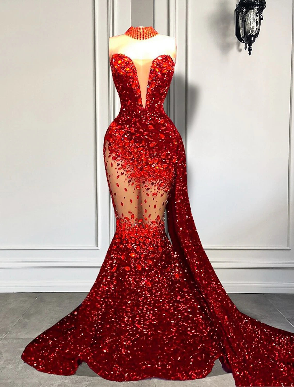 Wholesale Mermaid / Trumpet Evening Gown Sparkle & Shine Dress Carnival Formal Court Train Sleeveless Strapless African American Sequined with Beading Sequin