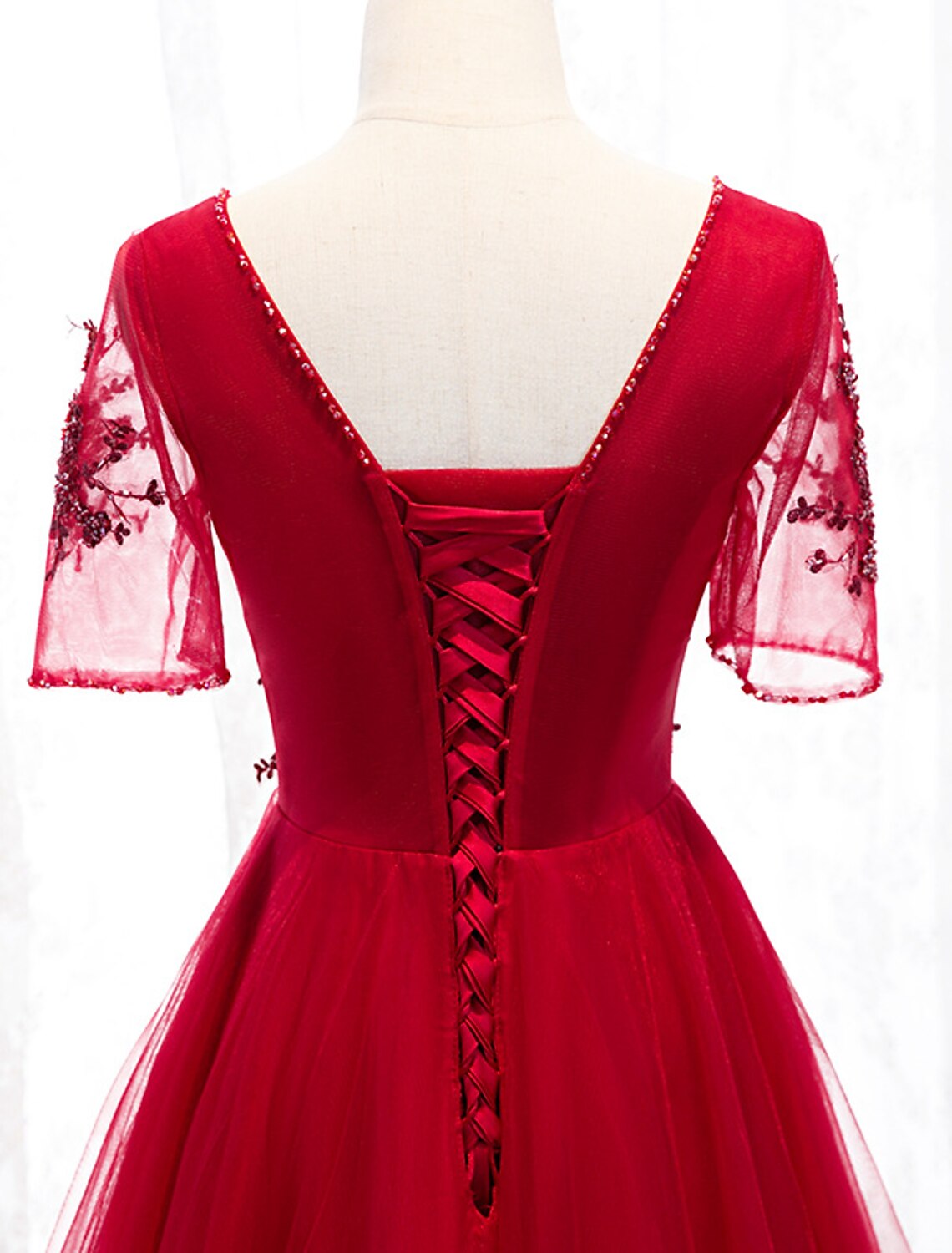 Wholesale A-Line Prom Dresses Luxurious Dress Wedding Guest Formal Evening Floor Length Short Sleeve Spaghetti Strap Tulle with Beading Appliques