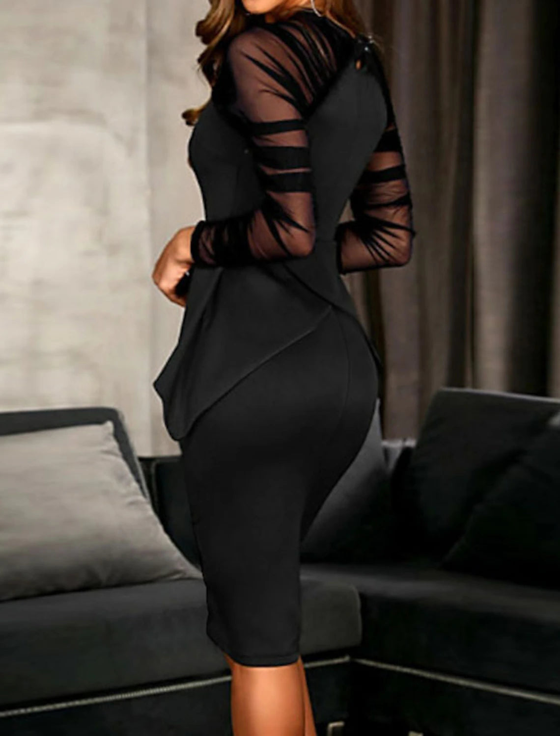 Wholesale Sheath / Column Cocktail Dresses Black Dress Wedding Guest Cocktail Party Knee Length Long Sleeve High Neck Fall Wedding Guest Spandex with Ruched Ruffles