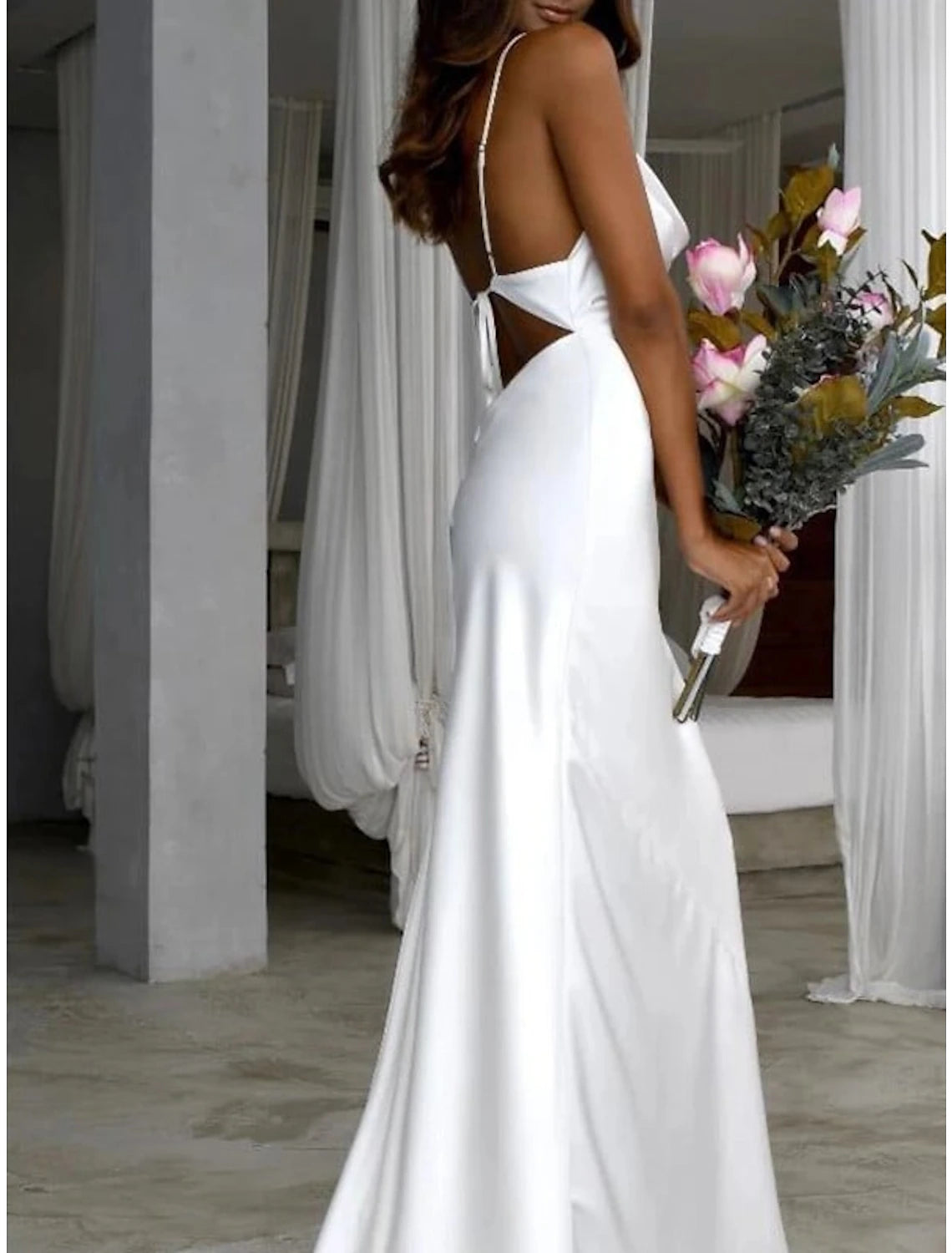 Wholesale Beach Simple Wedding Dresses Sheath / Column Square Neck Camisole Spaghetti Strap Sweep / Brush Train Stretch Fabric Bridal Gowns With Ruched Solid Color