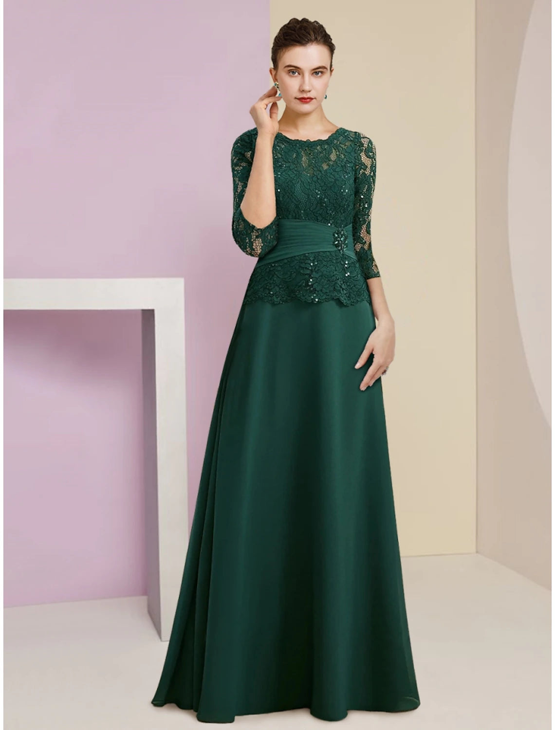 Wholesale A-Line Mother of the Bride Dress Wedding Guest Elegant Scoop Neck Floor Length Stretch Chiffon 3/4 Length Sleeve with Lace Sequin Ruching