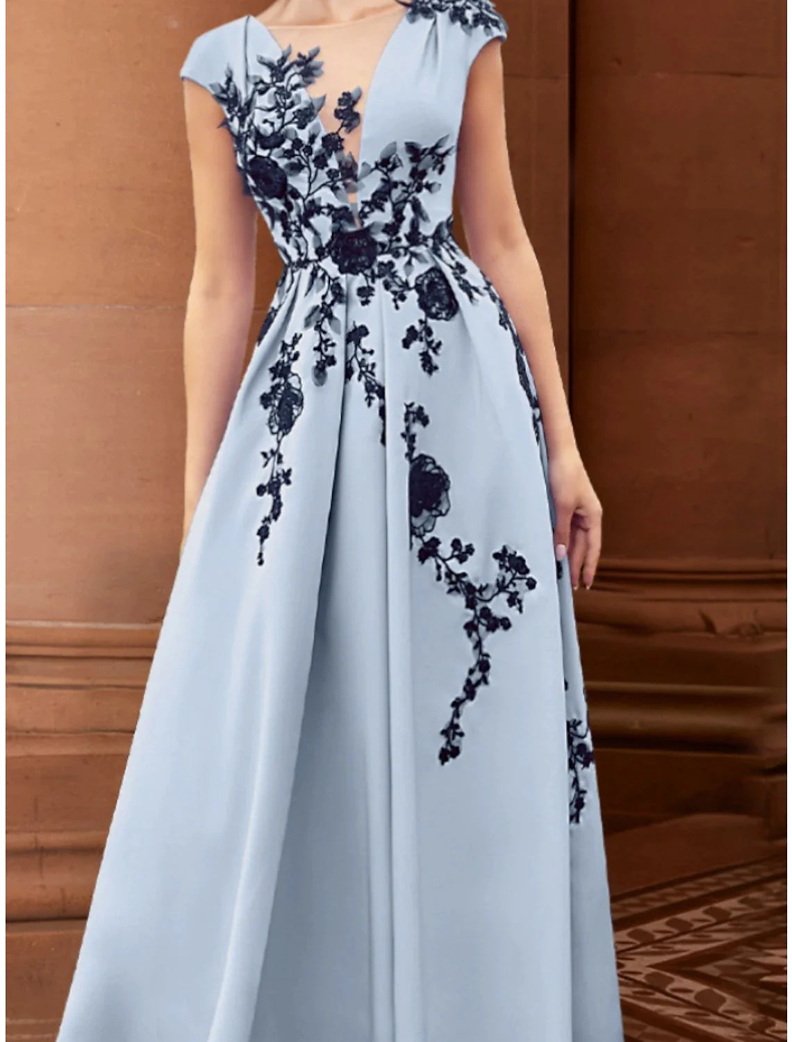 Wholesale A-Line Mother of the Bride Dress Wedding Guest Elegant Illusion Neck Ankle Length Stretch Chiffon Cap Sleeve with Appliques Ruching