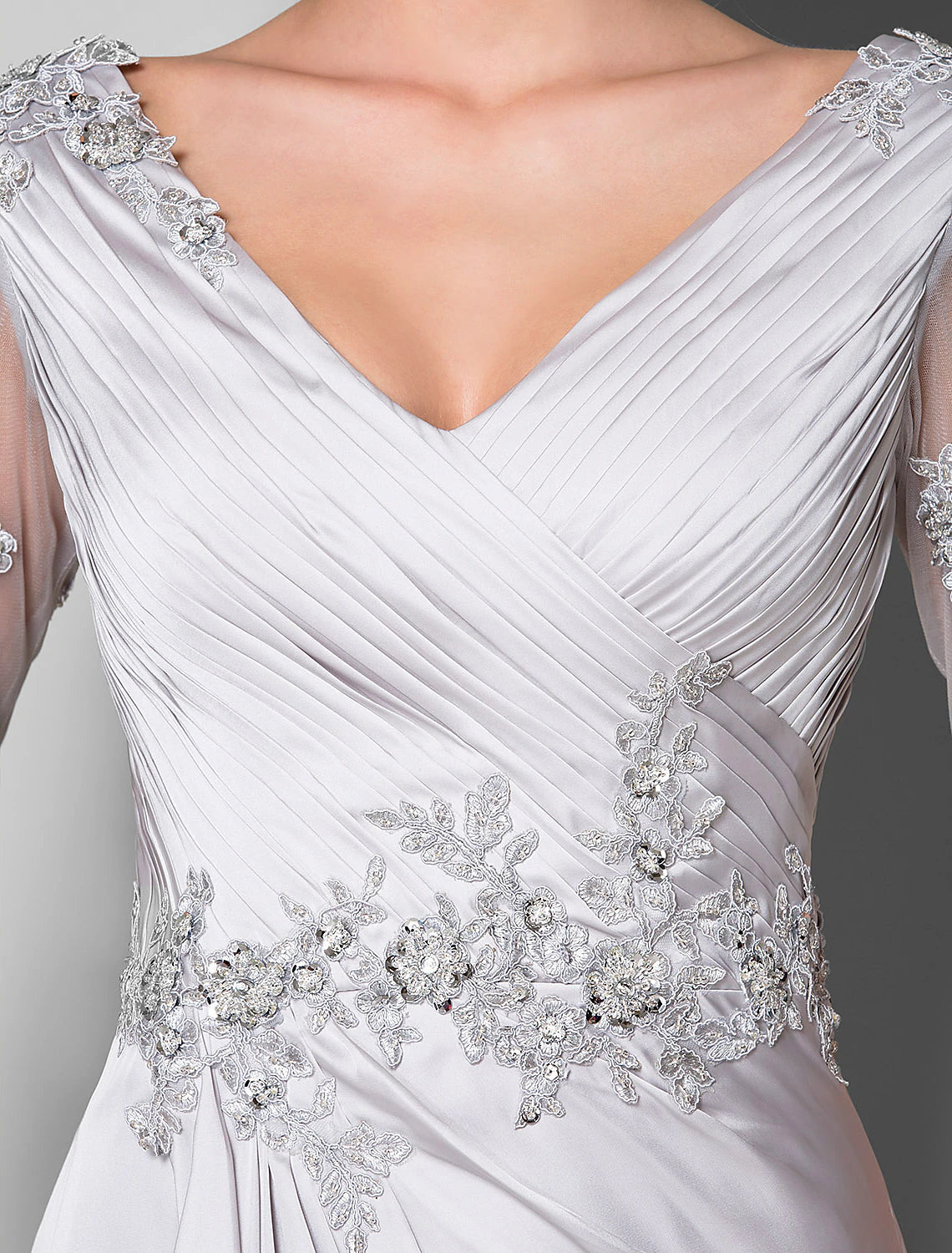 Wholesale A-Line Mother of the Bride Dress V Neck Sweep / Brush Train Satin Chiffon 3/4 Length Sleeve with Criss Cross Beading Appliques