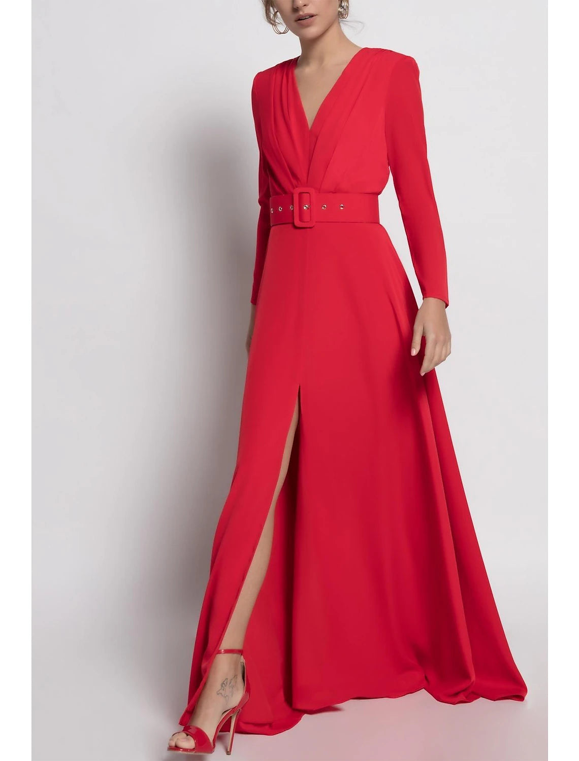 Wholesale A-Line Mother of the Bride Dress Formal Wedding Guest Elegant V Neck Ankle Length Chiffon Long Sleeve with Sash / Ribbon Solid Color