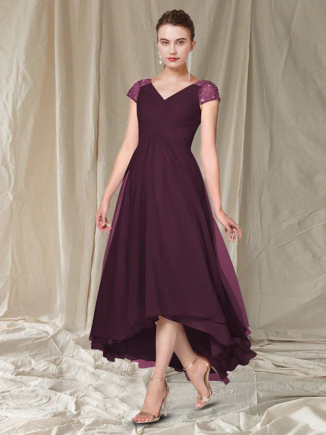 Wholesale A-Line Mother of the Bride Dress Elegant High Low V Neck Asymmetrical Ankle Length Chiffon Cap Sleeve with Pleats Beading Sequin