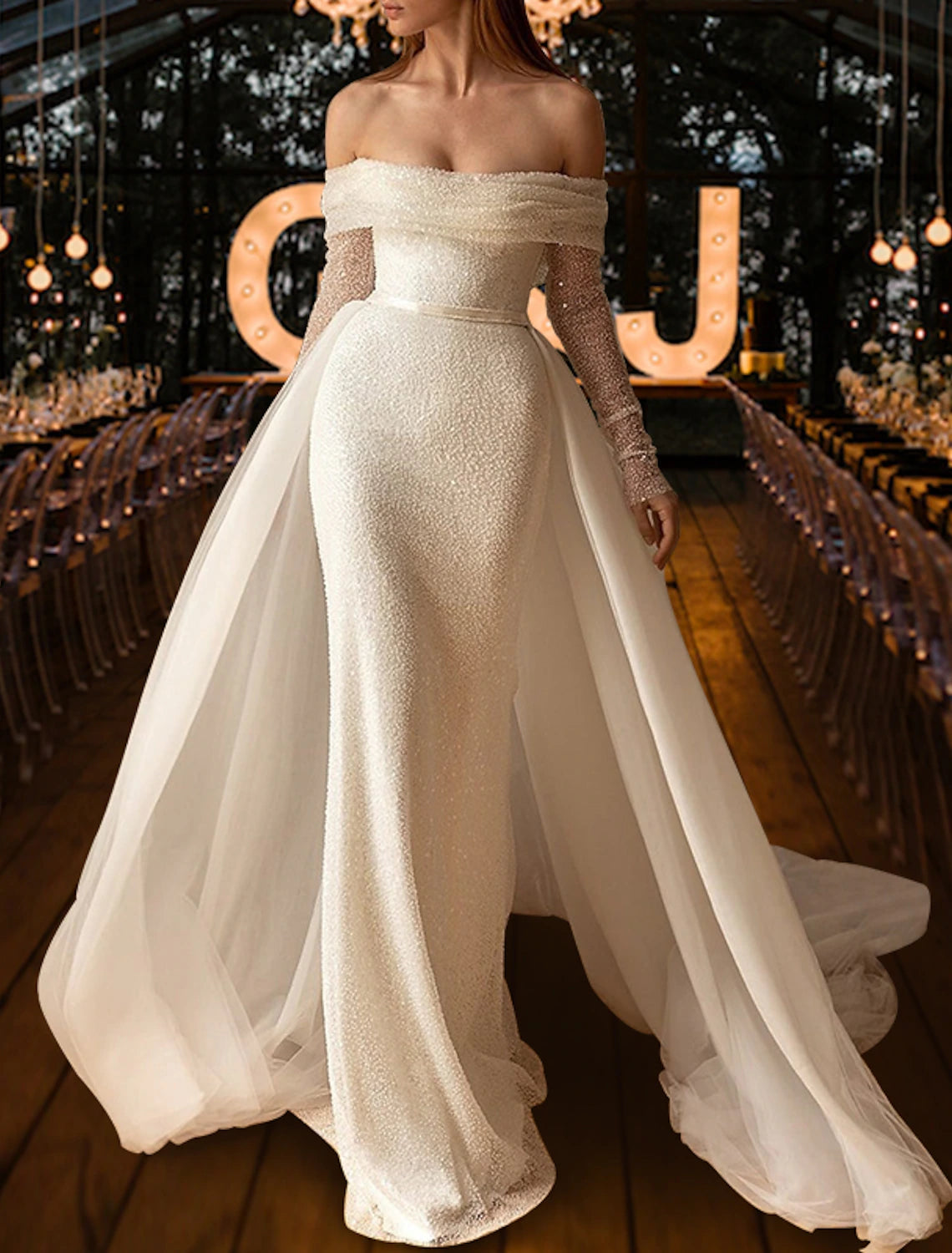 Wholesale Beach Simple Glitter & Sparkle Wedding Dresses Mermaid / Trumpet Off Shoulder Long Sleeve Court Train Sequined OverSkirts Bridal Gowns With Ruched Sequin