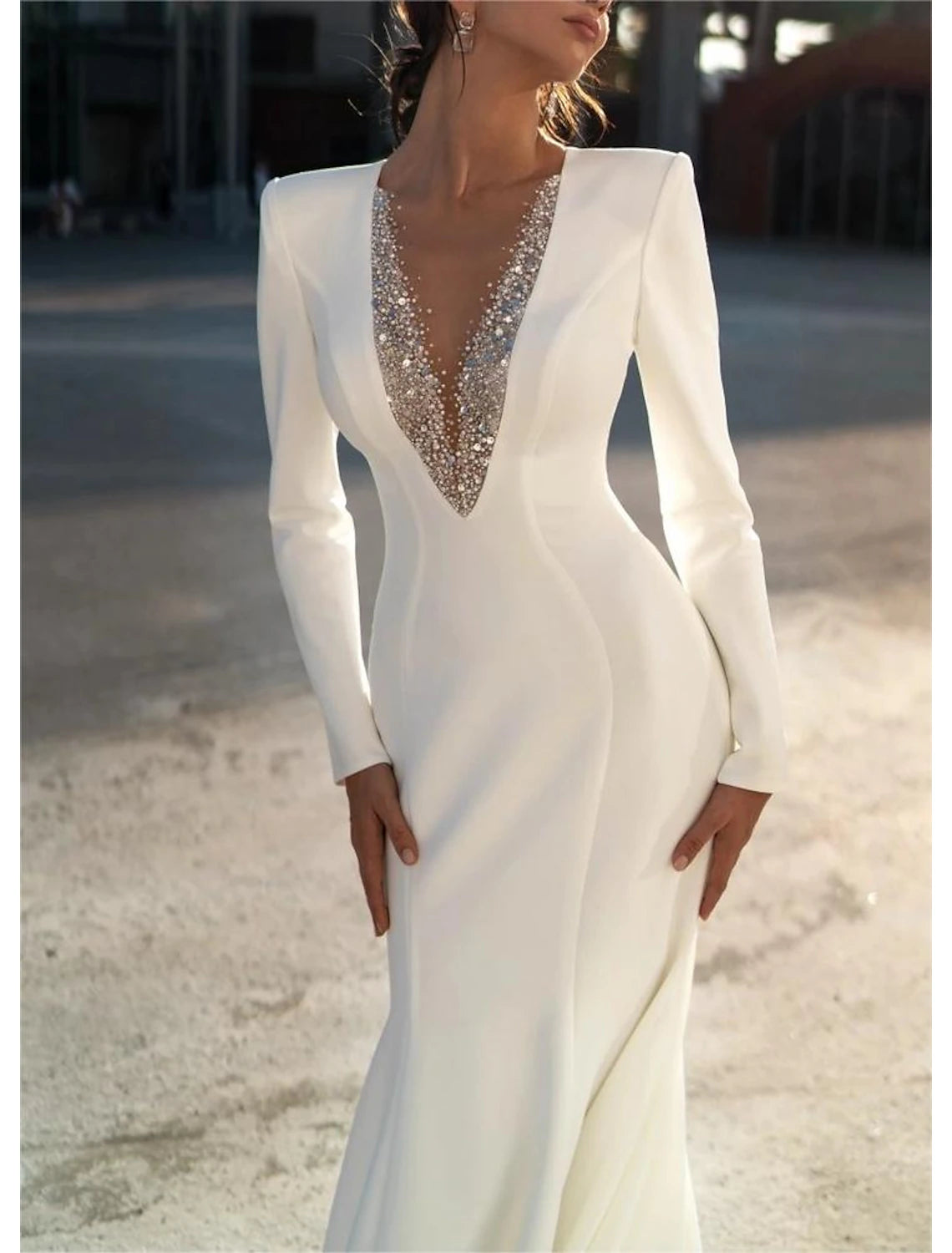 Wholesale Formal Wedding Dresses Mermaid / Trumpet V Neck Long Sleeve Sweep / Brush Train Chiffon Bridal Gowns With Beading Solid Color