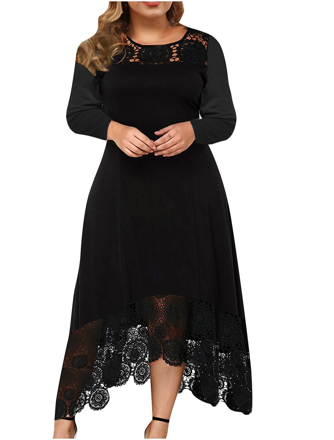 Wholesale A-Line Cocktail Dresses Plus Size Dress Party Wear Wedding Guest Ankle Length Long Sleeve Jewel Neck Spandex with Lace Insert Pure Color