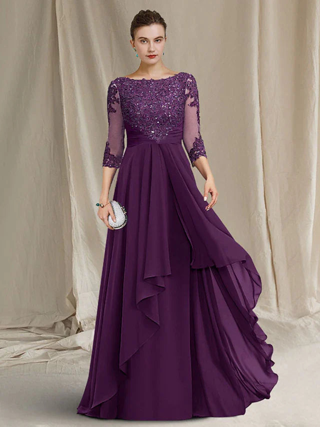 Wholesale A-Line Mother of the Bride Dress Luxurious Elegant Jewel Neck Floor Length Chiffon Lace Sequined 3/4 Length Sleeve with Pleats Beading Appliques