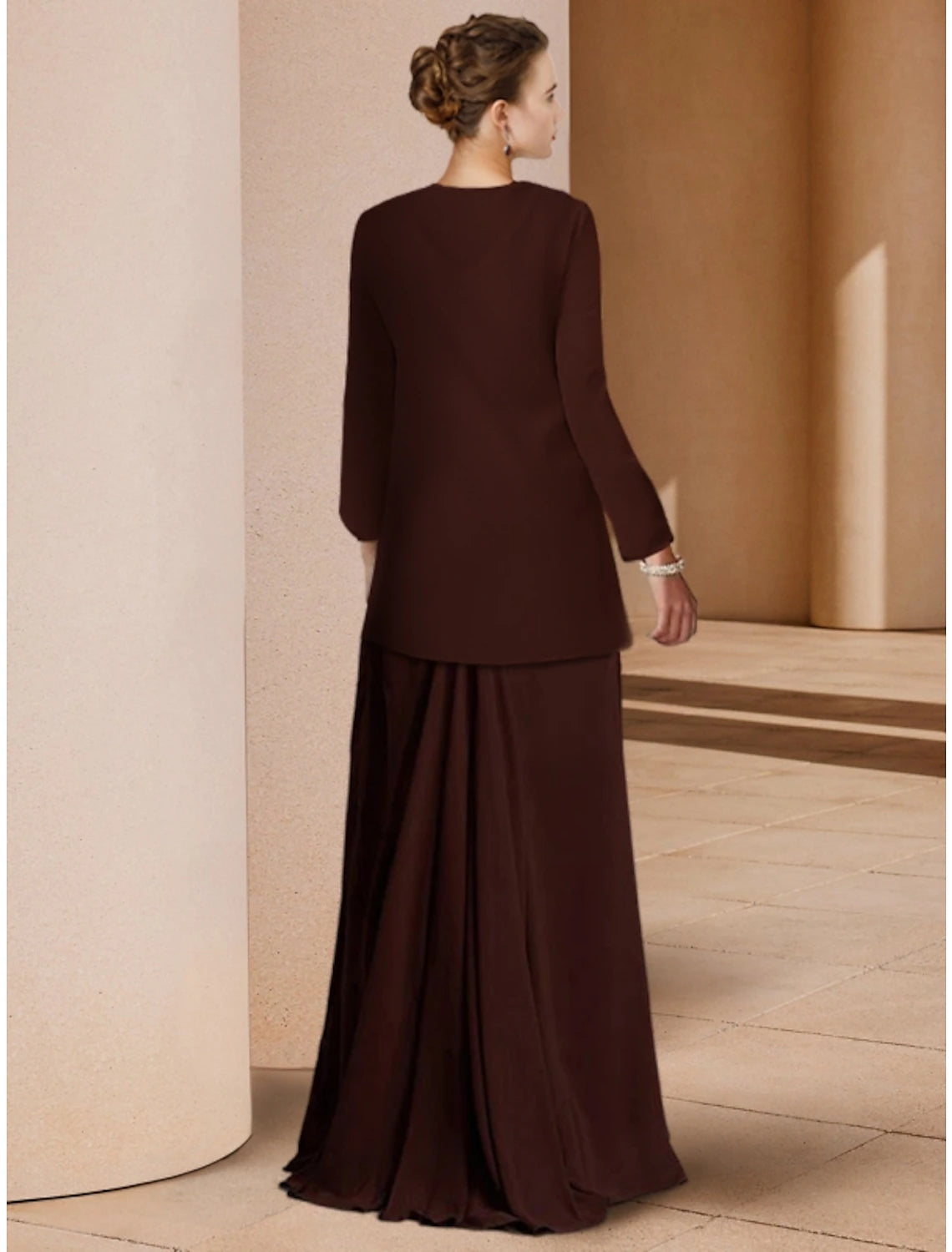 Wholesale Sheath / Column Mother of the Bride Dress Wedding Guest Elegant Scoop Neck Floor Length Stretch Chiffon Long Sleeve with Sequin Ruching