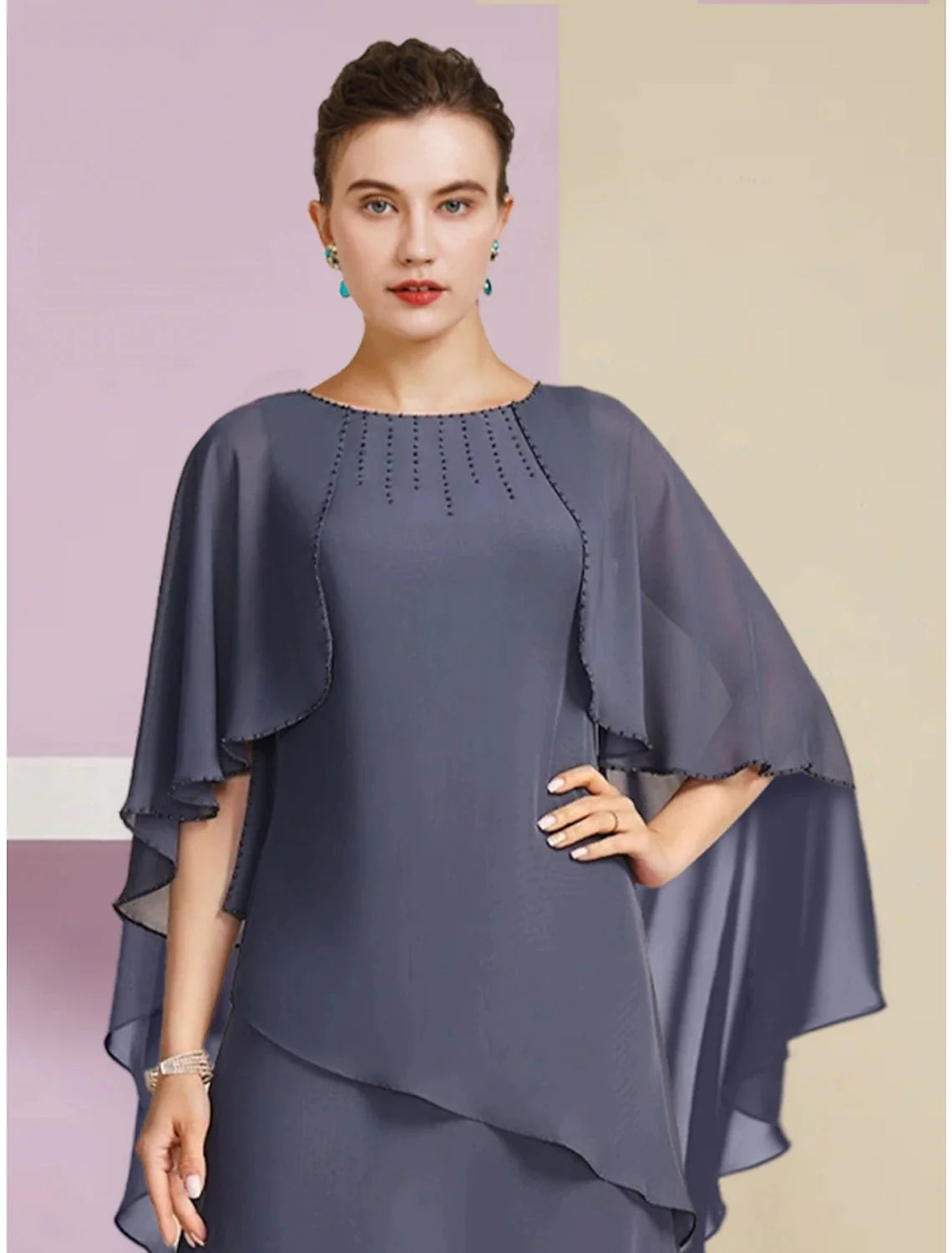 Wholesale Sheath / Column Mother of the Bride Dress Wedding Guest Elegant Jewel Neck Floor Length Chiffon Half Sleeve with Sequin Tier Solid Color
