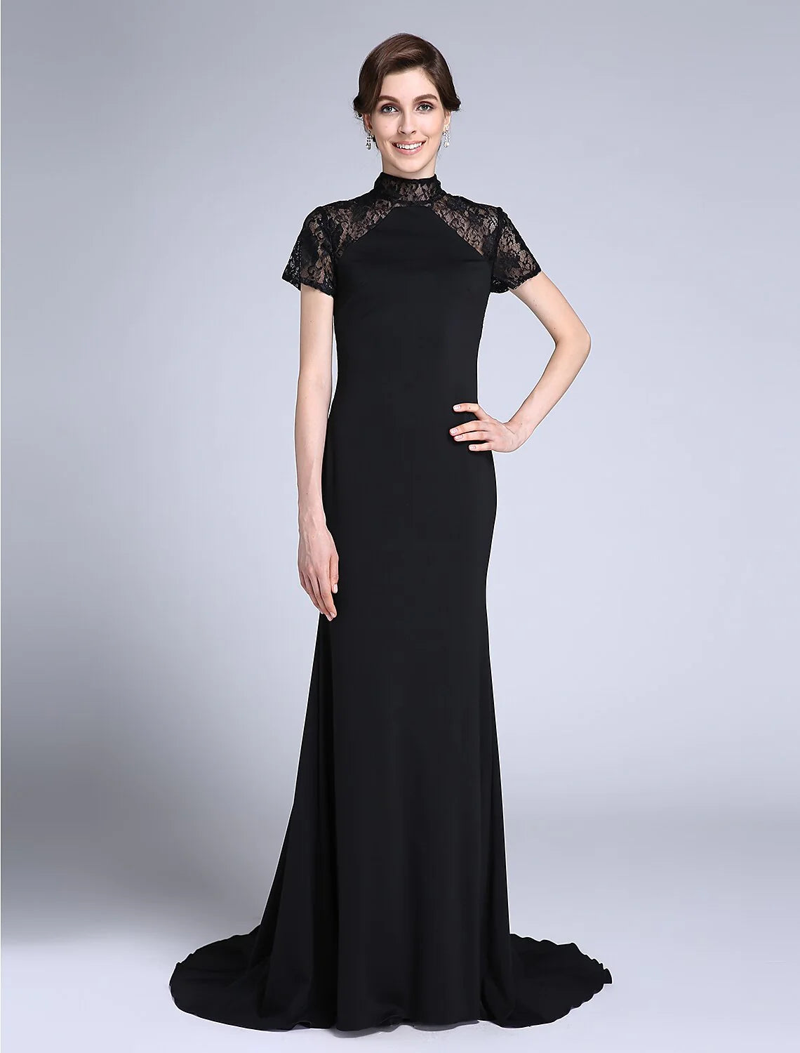 Wholesale Mermaid / Trumpet Mother of the Bride Dress Vintage Inspired High Neck Sweep / Brush Train Lace Jersey Short Sleeve No with Lace
