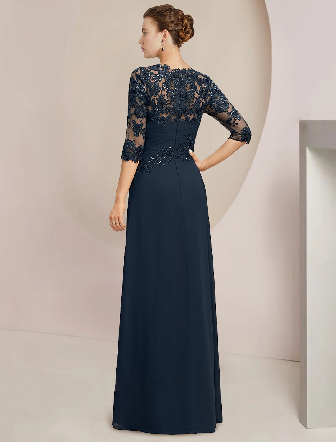 Wholesale A-Line Mother of the Bride Dress Formal Wedding Guest Elegant Jewel Neck Floor Length Chiffon Lace Sequined Half Sleeve with Sequin Ruching
