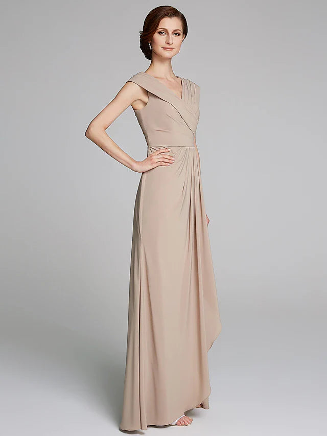 Wholesale Sheath / Column Mother of the Bride Dress Elegant V Neck Floor Length Jersey Short Sleeve with Pleats