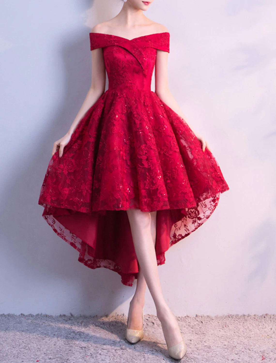 Wholesale A-Line Cocktail Dresses Floral Dress Party Wear Cocktail Party Asymmetrical Short Sleeve Off Shoulder Tulle with Pleats Embroidery