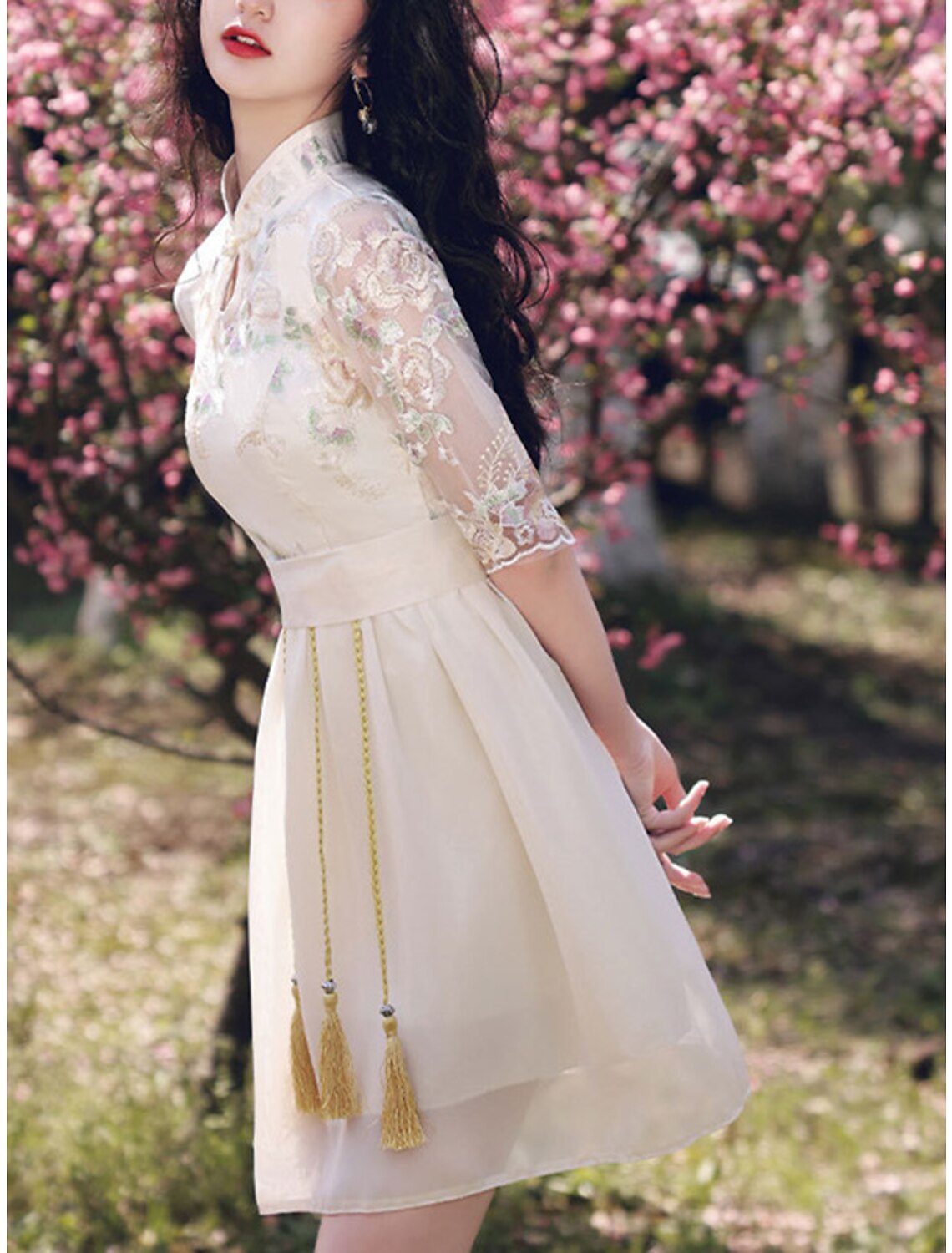 Wholesale A-Line Chinese Style Elegant Graduation Prom Dress Stand Collar Half Sleeve Short / Mini Chiffon with Tassel Embroidery