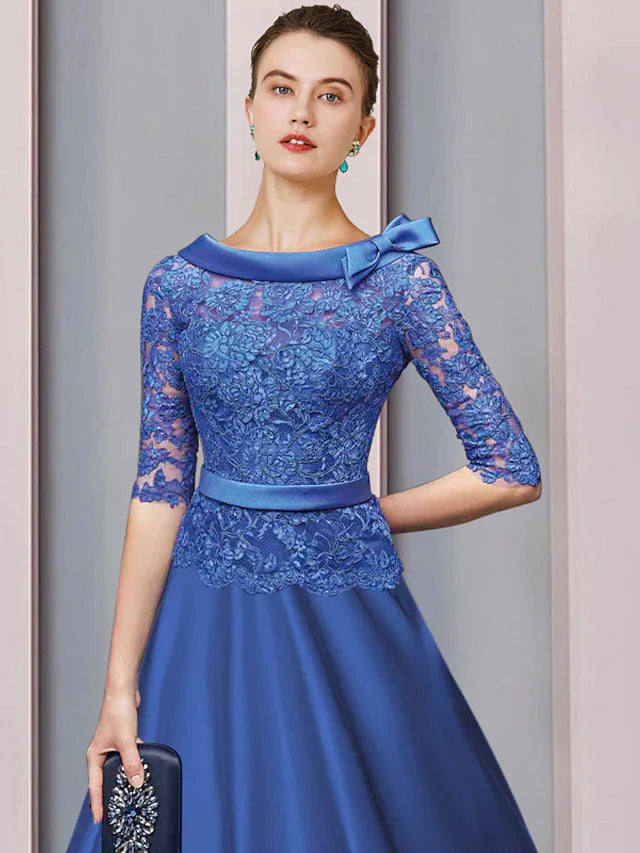 Wholesale A-Line Mother of the Bride Dress Formal Church Party Elegant Jewel Neck Tea Length Satin Lace Half Sleeve with Sash / Ribbon Bow(s)