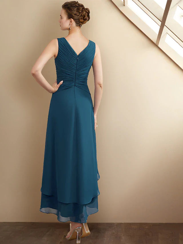 Wholesale A-Line Mother of the Bride Dress Elegant High Low V Neck Asymmetrical Tea Length Chiffon Sleeveless Wrap Included with Beading Cascading Ruffles Side-Draped