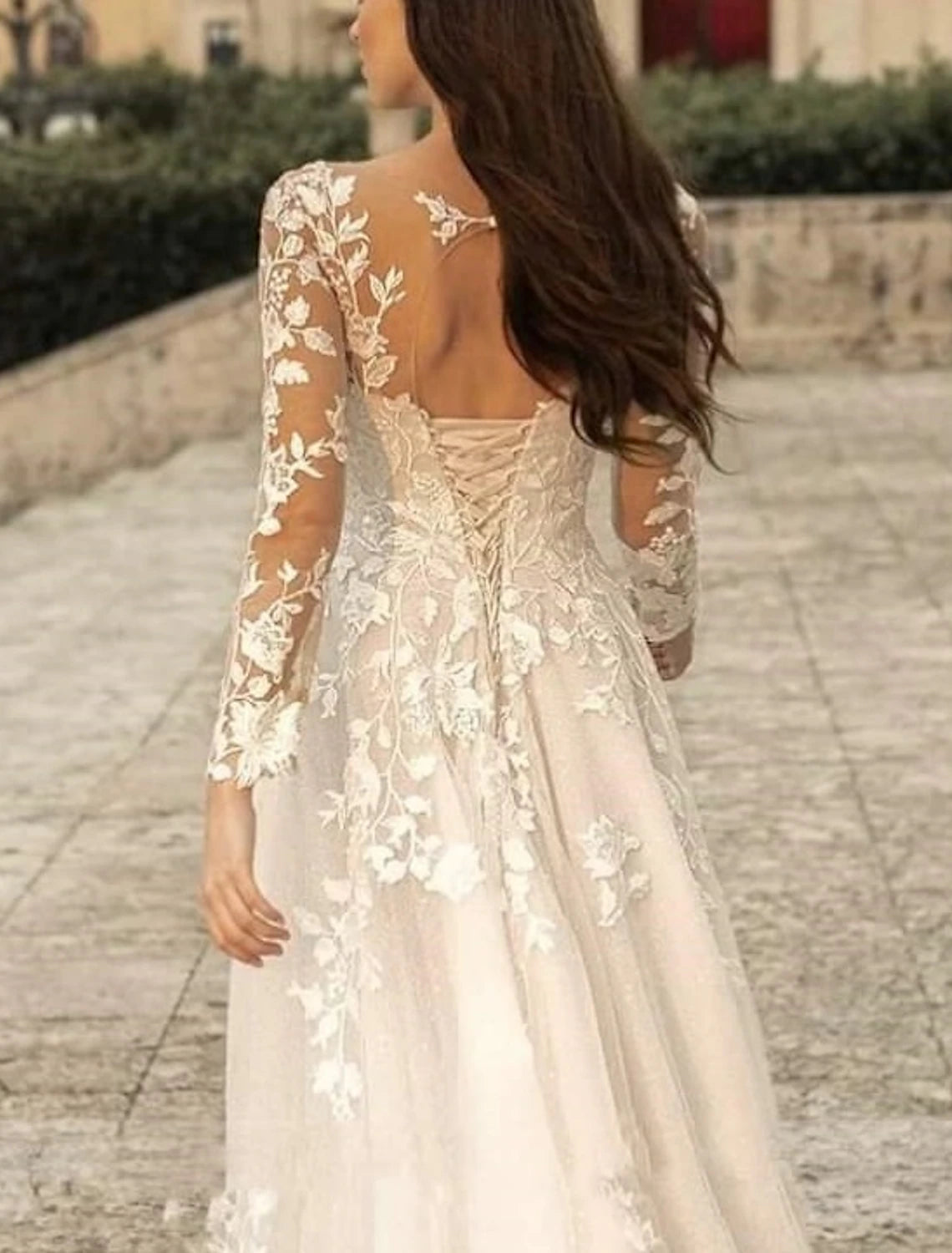 Wholesale Beach Formal Wedding Dresses A-Line V Neck Long Sleeve Sweep / Brush Train Lace Bridal Gowns With Flower Solid Color