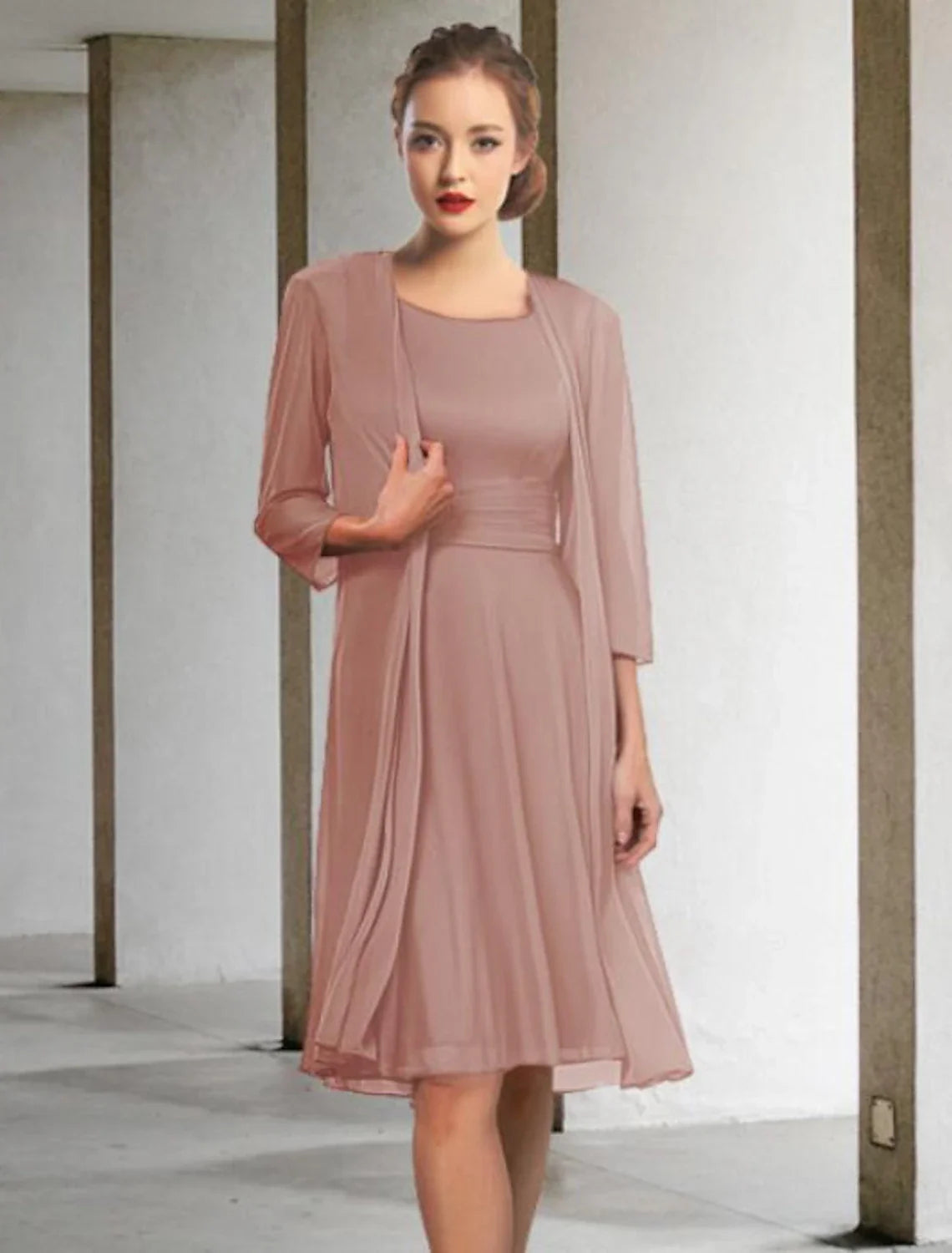 Wholesale Two Piece A-Line Mother of the Bride Dress Elegant Jewel Neck Knee Length Chiffon Sleeveless with Pleats