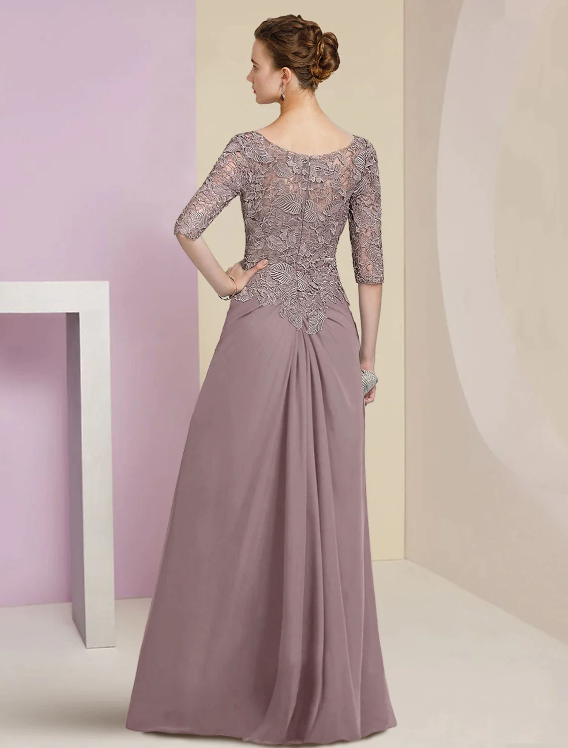 Wholesale Sheath / Column Mother of the Bride Dress Formal Wedding Guest Elegant Scoop Neck Floor Length Chiffon Lace Half Sleeve with Appliques