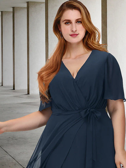 Wholesale A-Line Plus Size Curve Mother of the Bride Dresses Elegant Dress Formal Asymmetrical Short Sleeve V Neck Chiffon with Bow(s) Slit
