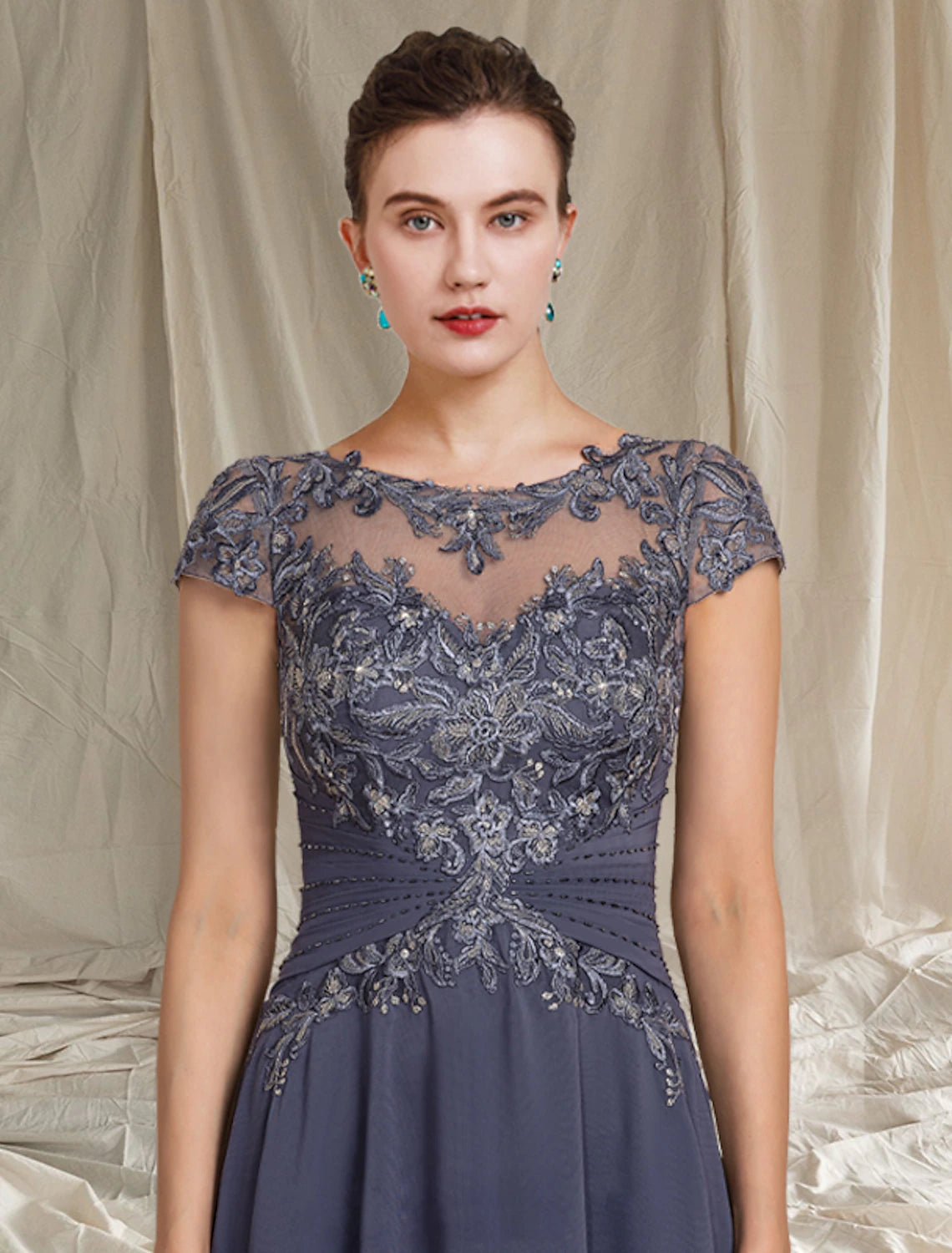 Wholesale  Two Piece A-Line Mother of the Bride Dress Formal Wedding Guest Elegant Scoop Neck Asymmetrical Tea Length Chiffon Lace Short Sleeve Wrap Included with Beading Appliques