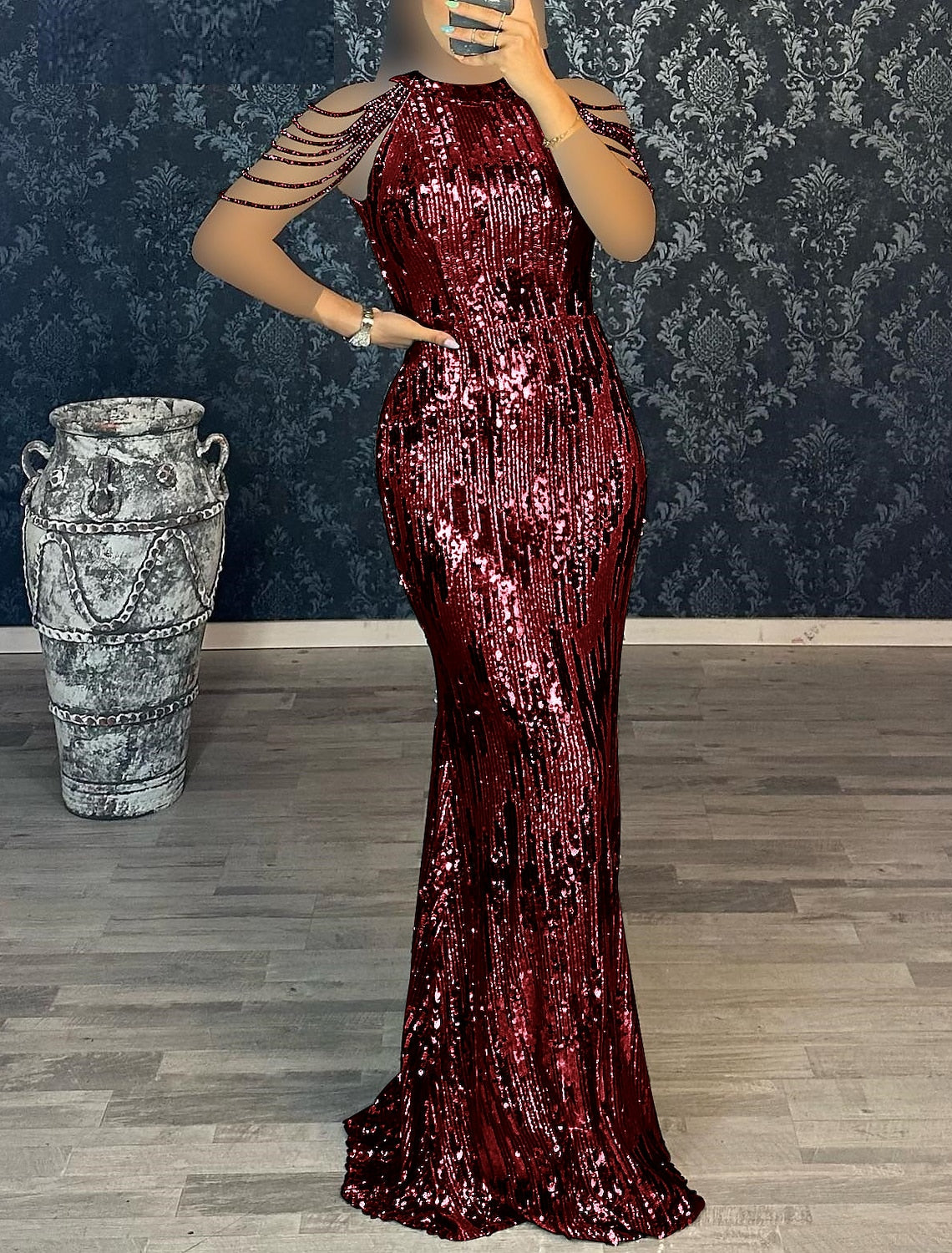 Wholesale Mermaid Evening Black Dress 1920s Dress Masquerade Black Tie Floor Length Short Sleeve Jewel Neck Black Dress Sequined with Fringe Tassel