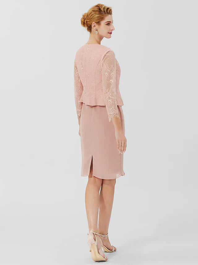 Wholesale Sheath / Column Mother of the Bride Dress Formal Classic & Timeless Elegant & Luxurious Convertible Dress Jewel Neck Knee Length Chiffon Sheer Lace 3/4 Length Sleeve with Sash / Ribbon