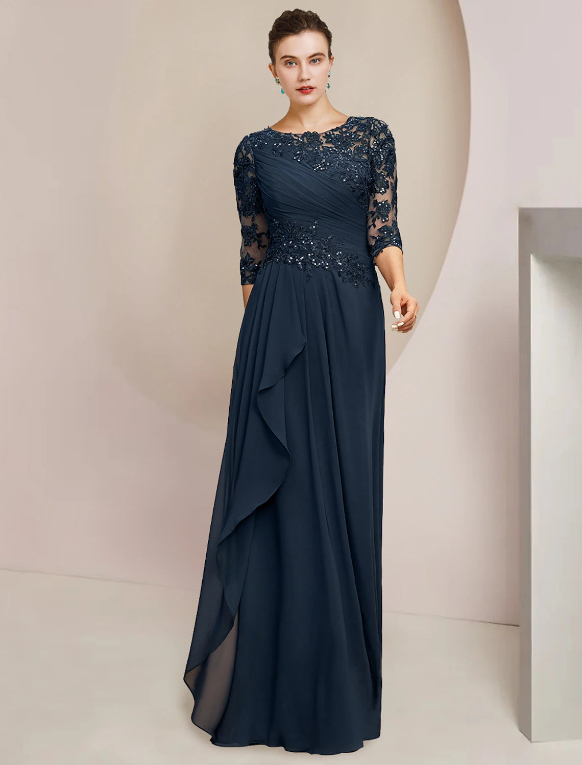 Wholesale A-Line Mother of the Bride Dress Formal Wedding Guest Elegant Jewel Neck Floor Length Chiffon Lace Sequined Half Sleeve with Sequin Ruching