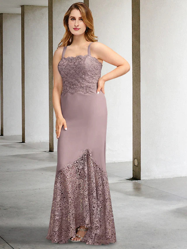 Wholesale Two Piece A-Line Plus Size Curve Mother of the Bride Dresses Elegant Dress Formal Asymmetrical Sleeveless Square Neck Chiffon with Appliques Splicing
