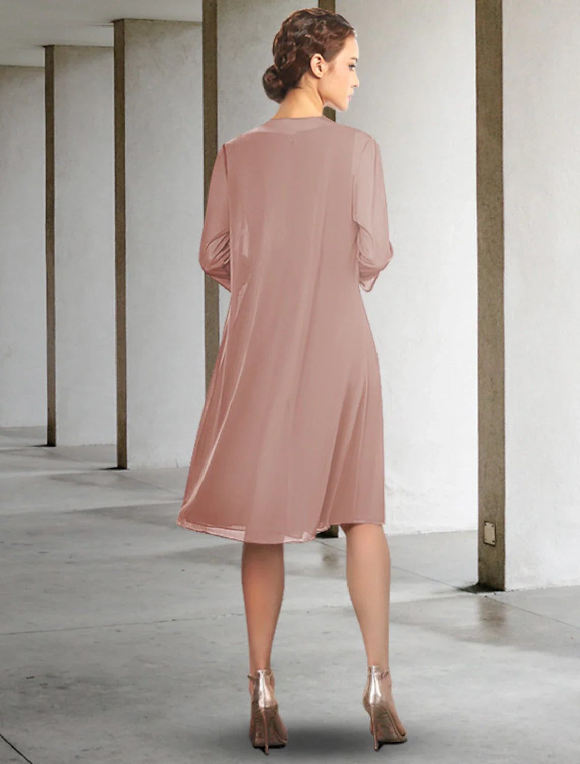 Wholesale Two Piece A-Line Mother of the Bride Dress Elegant Jewel Neck Knee Length Chiffon Sleeveless with Pleats