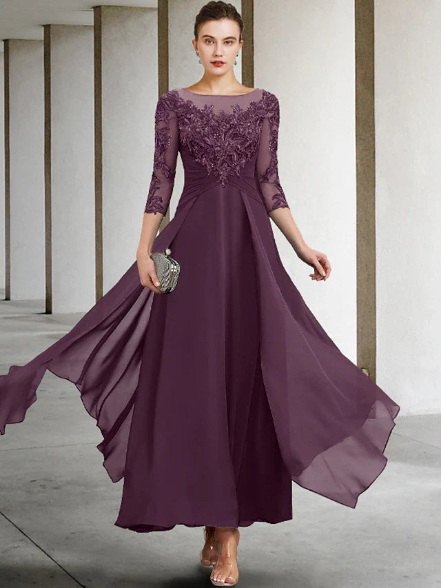Wholesale A-Line Mother of the Bride Dress Wedding Guest Plus Size Elegant Jewel Neck Ankle Length Chiffon Lace 3/4 Length Sleeve with Ruched Sequin Appliques