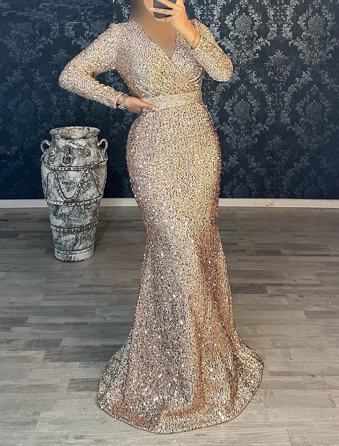 Wholesale Mermaid / Trumpet Evening Gown Christmas Red Green Dress Party Dress Masquerade Black Tie Floor Length Long Sleeve V Neck Belt / Sash Sequined with Ruched